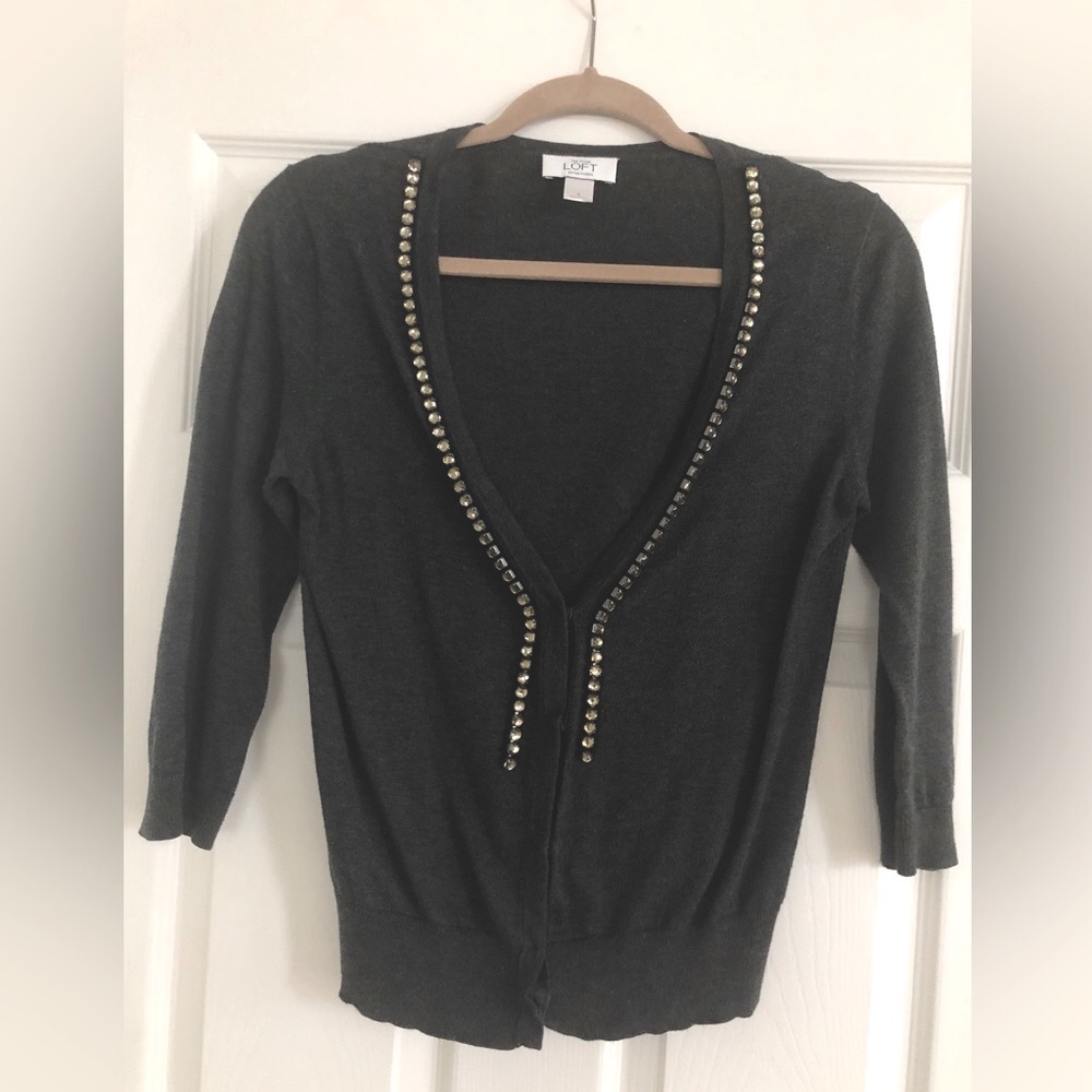 Ann Taylor Loft Pima Cotton Gray Cardigan with Rhinestone Accent Size S